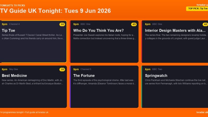 TV Guide UK Tonight: Tues 9 Jun 2026 – Tip Toe Finale, England Women v Ukraine & Best Medicine