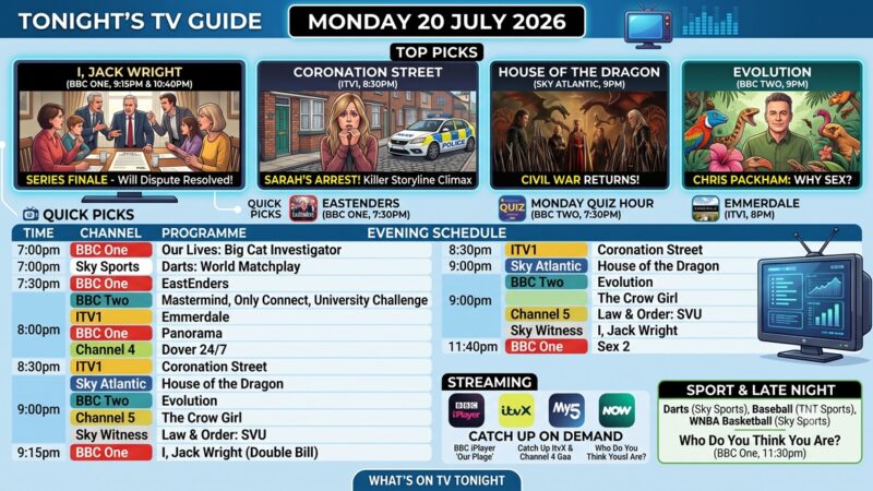 TV Guide UK Tonight: Mon 20 Jul 2026 – I, Jack Wright, Coronation Street & House of the Dragon