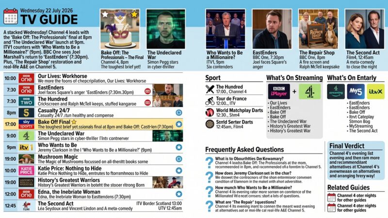 TV Guide UK Tonight: Wed 22 Jul 2026 – Bake Off: The Professionals Final, The Undeclared War & Millionaire