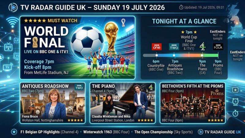 TV Guide UK Tonight: Sun 19 Jul 2026 – World Cup Final, Antiques Roadshow & The Piano