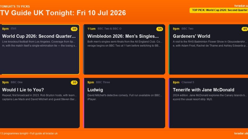 TV Guide UK Tonight: Fri 10 Jul 2026 – Wimbledon Men’s Semis, Gardeners’ World & Celebrity Gogglebox