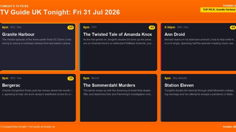 TV Guide UK Tonight: Fri 31 Jul 2026 – Granite Harbour, Ann Droid & Amanda Knox