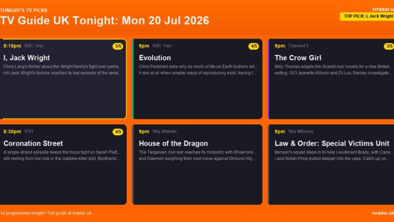 TV Guide UK Tonight: Mon 20 Jul 2026 – I, Jack Wright, Coronation Street & House of the Dragon