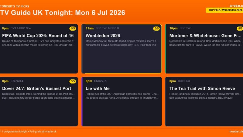 TV Guide UK Tonight: Mon 6 Jul 2026 – Wimbledon Day 8, World Cup R16 & Gone Fishing