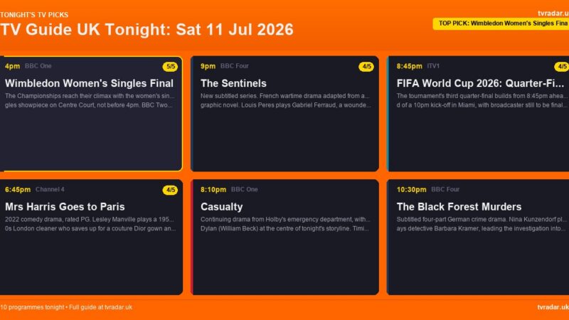 TV Guide UK Tonight: Sat 11 Jul 2026 – Wimbledon Women’s Final, The Sentinels & Mrs Harris Goes to Paris