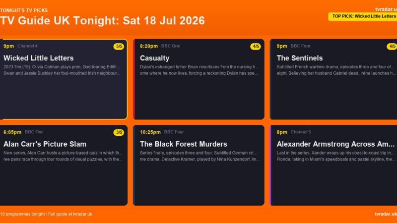 TV Guide UK Tonight: Sat 18 Jul 2026 – Wicked Little Letters, World Cup Play-Off & Casualty