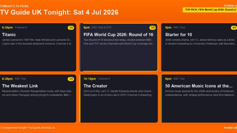 TV Guide UK Tonight: Sat 4 Jul 2026 – World Cup R16, Titanic & The Weakest Link