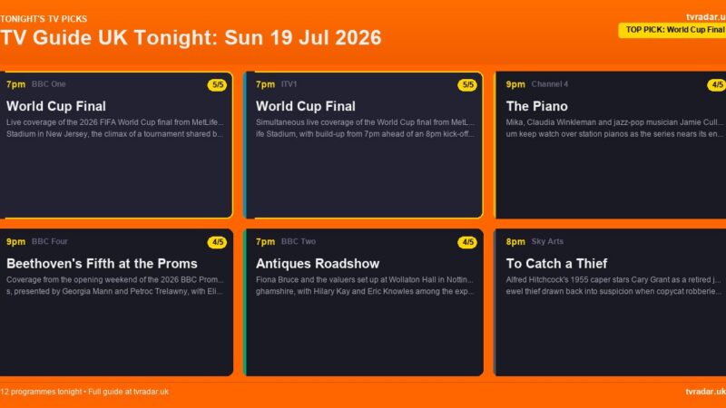 TV Guide UK Tonight: Sun 19 Jul 2026 – World Cup Final, Antiques Roadshow & The Piano