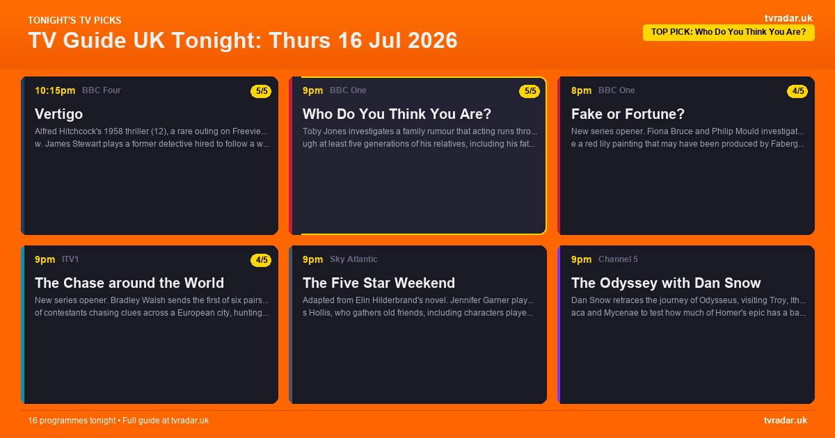 TV Guide UK Tonight: Thurs 16 Jul 2026 – Who Do You Think You Are?, Fake or Fortune? & The Traitors