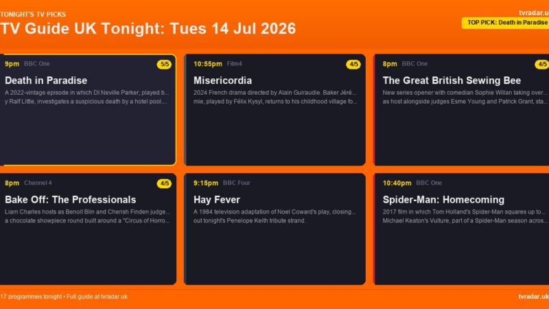 TV Guide UK Tonight: Tues 14 Jul 2026 – Sewing Bee, Death in Paradise & Spider-Man