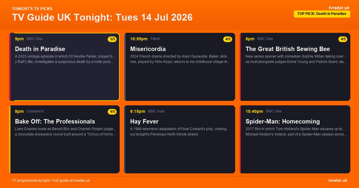 TV Guide UK Tonight: Tues 14 Jul 2026 – Sewing Bee, Death in Paradise & Spider-Man