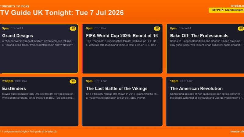TV Guide UK Tonight: Tue 7 Jul 2026 – Bake Off: The Professionals, Grand Designs & EastEnders