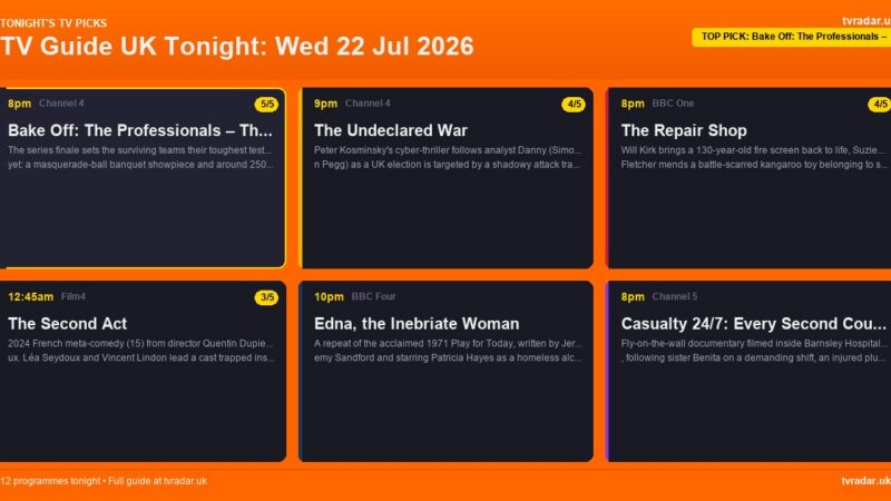 TV Guide UK Tonight: Wed 22 Jul 2026 – Bake Off: The Professionals Final, The Undeclared War & Millionaire