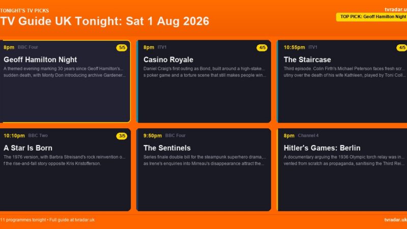 TV Guide UK Tonight: Sat 1 Aug 2026 – Geoff Hamilton Night, Calvin Harris & The Staircase