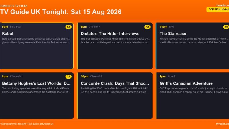 TV Guide UK Tonight: Sat 15 Aug 2026 – Kabul, Dictator: The Hitler Interviews & The Staircase