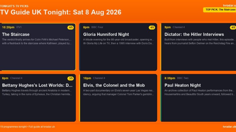 TV Guide UK Tonight: Sat 8 Aug 2026 – The Staircase, Dictator: the Hitler Interviews & Gloria Hunniford Night