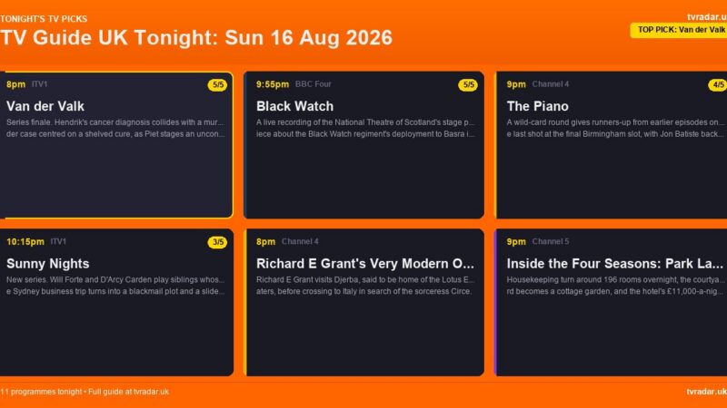 TV Guide UK Tonight: Sun 16 Aug 2026 – Van der Valk, The Piano & Sunny Nights