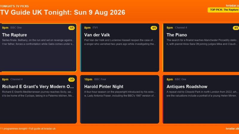 TV Guide UK Tonight: Sun 9 Aug 2026 – The Rapture, Van der Valk & The Piano