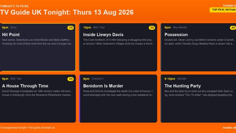 TV Guide UK Tonight: Thurs 13 Aug 2026 – Hit Point, A House Through Time & Possession