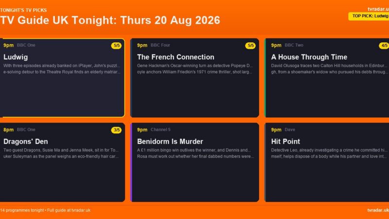 TV Guide UK Tonight: Thurs 20 Aug 2026 – Ludwig, Dragons' Den & A House Through Time