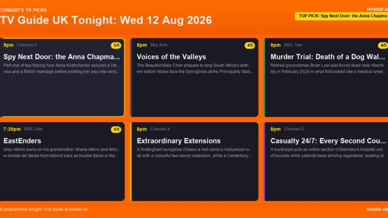 TV Guide UK Tonight: Wed 12 Aug 2026 – EastEnders, Spy Next Door & Murder Trial