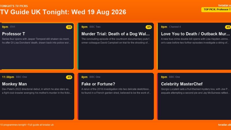 TV Guide UK Tonight: Wed 19 Aug 2026 – Professor T, Celebrity MasterChef & Coronation Street
