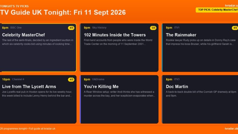 TV Guide UK Tonight: Fri 11 Sept 2026 – Celebrity MasterChef, The Rainmaker & Gogglebox