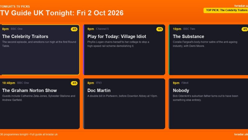 TV Guide UK Tonight: Fri 2 Oct 2026 – The Celebrity Traitors, The Substance & Graham Norton