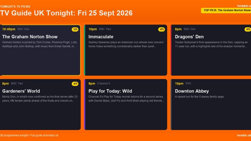 TV Guide UK Tonight: Fri 25 Sept 2026 – The Graham Norton Show, Dragons’ Den & Gardeners’ World