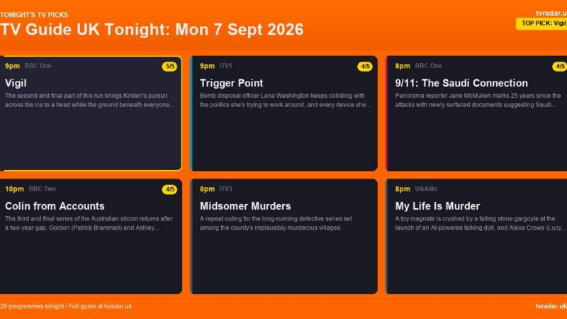 TV Guide UK Tonight: Mon 7 Sept 2026 – EastEnders, Vigil & Colin from Accounts