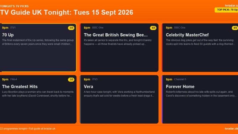 TV Guide UK Tonight: Tues 15 Sept 2026 – 70 Up, The Great British Sewing Bee & Celebrity MasterChef