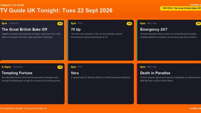 TV Guide UK Tonight: Tues 22 Sept 2026 – Bake Off, 70 Up & Tempting Fortune
