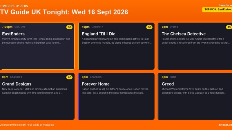 TV Guide UK Tonight: Wed 16 Sept 2026 – EastEnders, Celebrity MasterChef & The Chelsea Detective