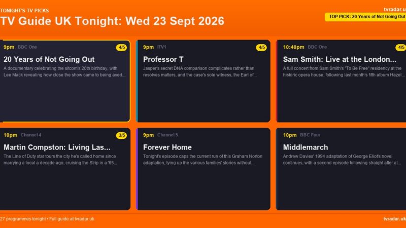 TV Guide UK Tonight: Wed 23 Sept 2026 – 20 Years of Not Going Out, Professor T & Grand Designs