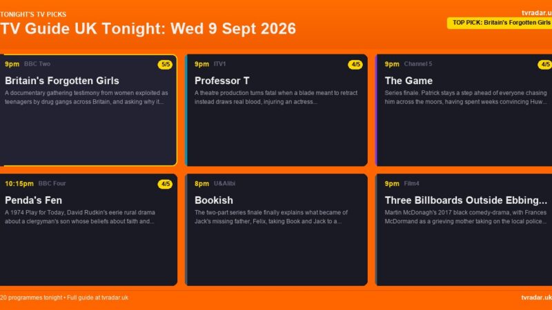 TV Guide UK Tonight: Wed 9 Sept 2026 – Coronation Street, Celebrity MasterChef & Professor T