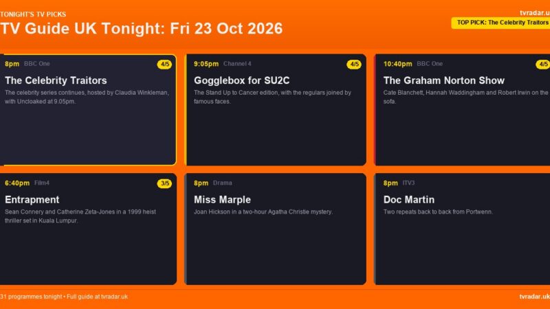 TV Guide UK Tonight: Fri 23 Oct 2026 – The Celebrity Traitors, Gogglebox for SU2C & Graham Norton