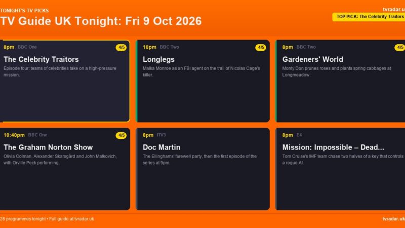 TV Guide UK Tonight: Fri 9 Oct 2026 – The Celebrity Traitors, Longlegs & Graham Norton