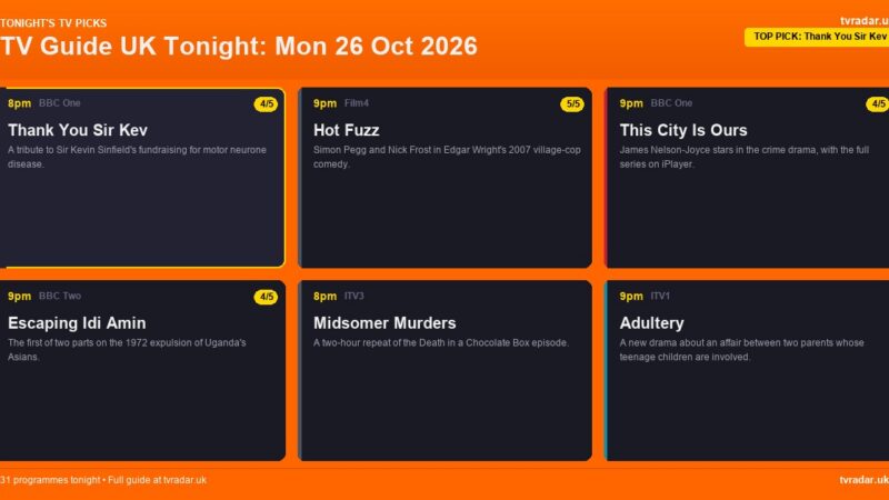 TV Guide UK Tonight: Mon 26 Oct 2026 – Thank You Sir Kev, EastEnders & This City Is Ours