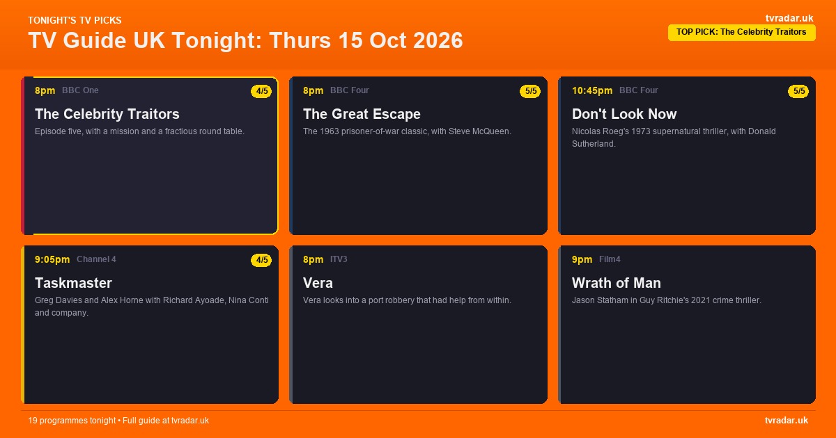 TV Guide UK Tonight: Thurs 15 Oct 2026 – The Celebrity Traitors, Taskmaster & All Creatures Great and Small