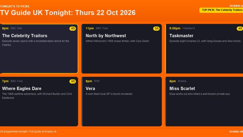 TV Guide UK Tonight: Thurs 22 Oct 2026 – The Celebrity Traitors, Pride of Britain & Taskmaster