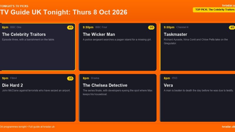 TV Guide UK Tonight: Thurs 8 Oct 2026 – The Celebrity Traitors, Taskmaster & All Creatures Great and Small