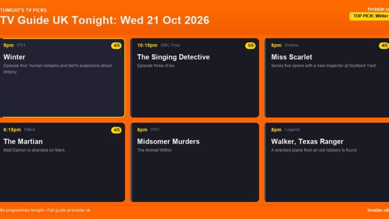 TV Guide UK Tonight: Wed 21 Oct 2026 – Winter, Miss Scarlet & Bayern v Arsenal
